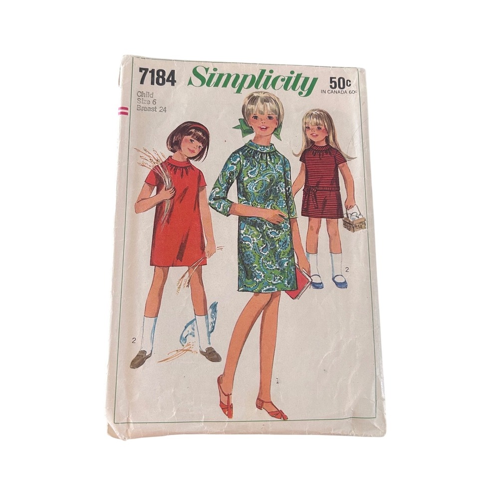 Simplicity 7184 Sewing Pattern Girls Sz 6 Multi-Color Vintage 1967 Cut Complete